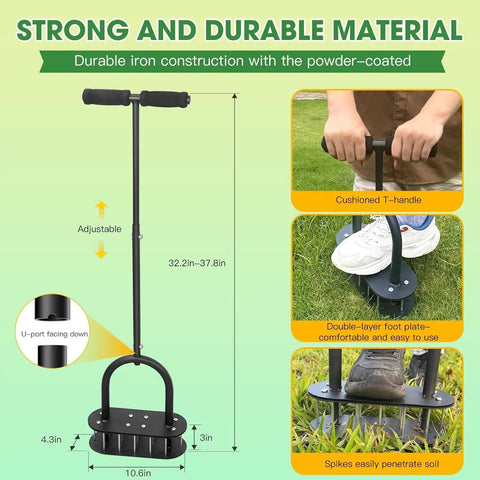 Lawn Aerator Tool With 15 Iron Spikes, adjustable handle, cushioned T-handle, and sturdy iron construction in use on grass