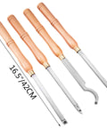 Wood turning tools 4-piece set with wooden handles and carbide cutters (diamond, round, square) for DIY lathe work.