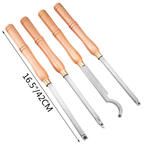 Wood turning tools 4-piece set with wooden handles and carbide cutters (diamond, round, square) for DIY lathe work.