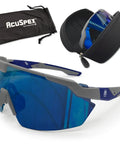 Badass Semi Frameless Safety Glasses With Ansi Z87 Certified Features Rock Solid Polarized Blue Mirrored Lenses And Dang Good Uv Shielding For Tough Industrial Jobs And Construction Sites Sold In A Bulk Pack Of Forty Eight Pair, shown with case.