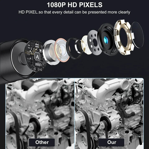 1080P Industrial Endoscope With 4.3 Inch TFT Screen 16.5ft Flexible Cable 8mm Camera Adjustable LED Lights 1 Million Pixels Photo Video Recording USB C Charging showing 1080P HD lens parts and engine inspection results