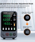 Pro Grade DC Bench Power Supply With Encoder Knob And Memory Recall, OCP Alarm, Adjustable 0 To 30 Volts And 0 To 5 Amps, USB Quick Charge 5V 3.6A showing front panel and knobs