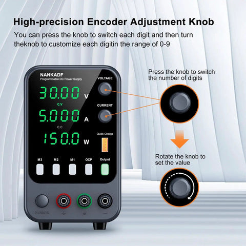 Pro Grade DC Bench Power Supply With Encoder Knob And Memory Recall, OCP Alarm, Adjustable 0 To 30 Volts And 0 To 5 Amps, USB Quick Charge 5V 3.6A showing front panel and knobs
