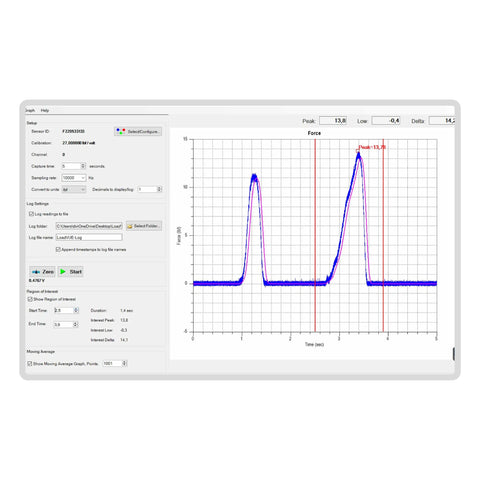 High Speed Impact Force Measurement Kit With USB Load Cell System Pre Calibrated And NIST Traceable For Drop Tests Collisions And Durability Analysis Includes Pro Grade Plug And Play Software For Peak Force And Force Time Profile screen