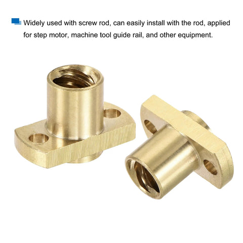 Brass Tone T8 Trapezoidal Nut For 3D Printers, 2mm Pitch And 8mm Lead, side-by-side view of two nuts, 6 Pack, 3.5mm Mounting Holes