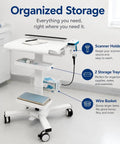 Legit Anti Theft Medical Laptop Cart With Smooth Height Adjustments And Built In Scanner Bracket Using Rock Solid Locking Casters Plus Roomy Storage Trays for organized clinical supplies.
