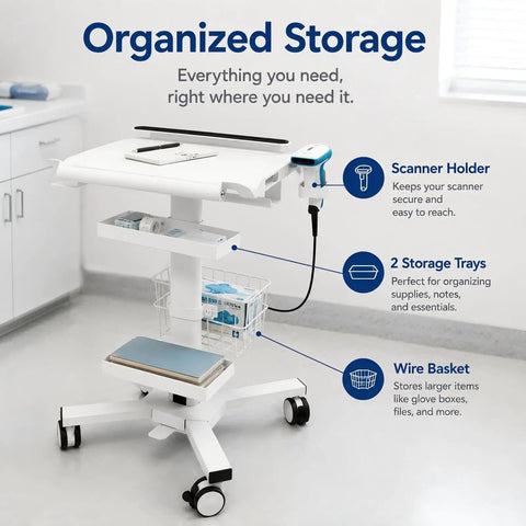 Legit Anti Theft Medical Laptop Cart With Smooth Height Adjustments And Built In Scanner Bracket Using Rock Solid Locking Casters Plus Roomy Storage Trays for organized clinical supplies.