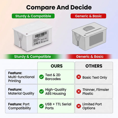 Comparison of Rock Solid 58mm Thermal Receipt Printer features against generic models, highlighting USB and ABS housing.