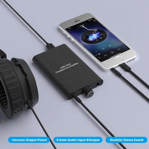 High Power USB-C Headphone Amplifier For 16 To 600 Ohm Headphones connected to phone and headphones with AUX and Type-C cables