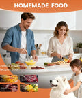 Family preparing homemade food with fruits and vegetables, including meat, demonstrating the Heavy Duty Twelve Tray Food Dehydrator.