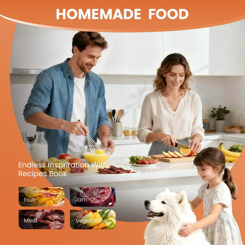 Family preparing homemade food with fruits and vegetables, including meat, demonstrating the Heavy Duty Twelve Tray Food Dehydrator.