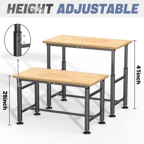 Heavy Duty Adjustable Height Workbench With Rubber Wood Top 47.75 Inch By 23.25 Inch Built Tough 2000 Pounds Load Capacity