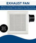 Energy Star Ceiling Or Wall Mount Vent Fan With Roomside Install, 50 CFM, Ultra Quiet 0.5 Sones, White, square grille view