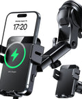 Wireless Car Charger 15W Auto Clamping with 360 Degree Rotating Phone Holder mounted on dashboard, charging phone