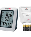 Long Range Indoor Outdoor Thermometer With 2 Wireless Sensors, 500 Ft Range, Real Time Temperature And Humidity Readouts, Battery Included, Tabletop Or Wall Mount Ready, No Fuss Setup For Home Or Office showing display and sensors