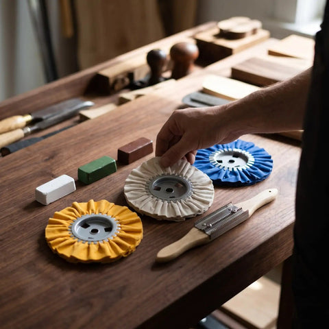 KQFCAZRE 3 Pc Cloth Polishing Wheel Kit with Buffing Agent laid out, showing pleated buff wheels and wooden brush at workbench.