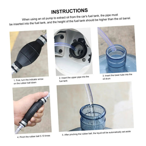 Manual Fuel Transfer Siphon Pump Hand Pump For Liquids Lightweight Portable Oil Sucker For Vehicles And Equipment Safe Fluid Transfer With Backflow Prevention instruction sheet showing PVC hand pump and tubes