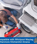 Technician installing Dryer Motor Pulley 29 Replacement For Whirlpool Maytag Kenmore Compatible WP8066184 in laundry room