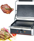 Heavy Duty Electric Panini Press Grill With Non Stick Plates And Adjustable Temp Control For Perfect Sandwiches, Toasters, And Commercial Kitchen Use At Home with cast iron plates and meat.