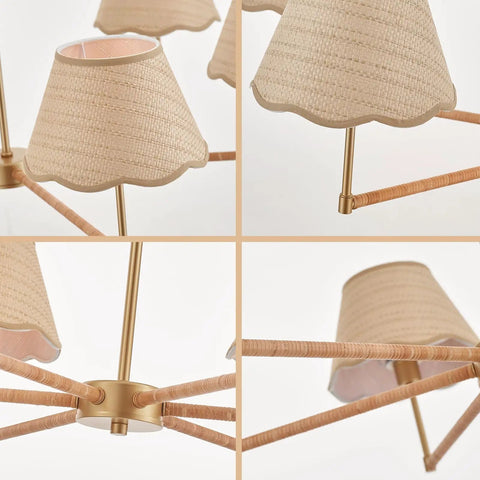 Close-up of the 39 Inch Boho Rattan Chandelier With Six Warm Bulbs showing handwoven rattan shades and brass rods.