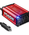 Road Ready 300W Car Power Inverter Quickly Converts DC 12V To 110V AC With PD 65W USB C And Quick Charge 18W Ports, compact red design.