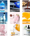 Hassle Free Pneumatic Double Head Bottle Filler Machine Semiauto Liquid Dispenser With Foot Pedal Switch And Quick Adjust Cylinder Valve For Syrup Sauce And Perfume Bottles 100 To 1000 Ml displayed with various liquid products.