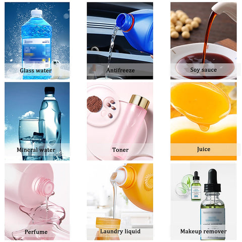 Hassle Free Pneumatic Double Head Bottle Filler Machine Semiauto Liquid Dispenser With Foot Pedal Switch And Quick Adjust Cylinder Valve For Syrup Sauce And Perfume Bottles 100 To 1000 Ml displayed with various liquid products.