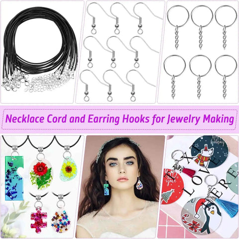 Beginner Resin Craft Kit With Molds And Silicone Includes cords, hooks for DIY jewelry making; displays sample jewelry.