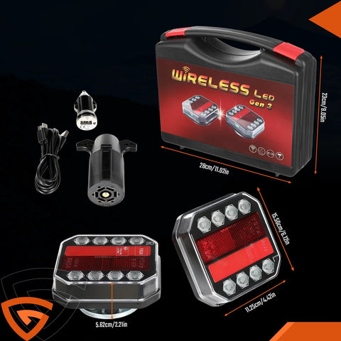 GEARPASS Wireless LED trailer light kit with black case and two LED tail lights