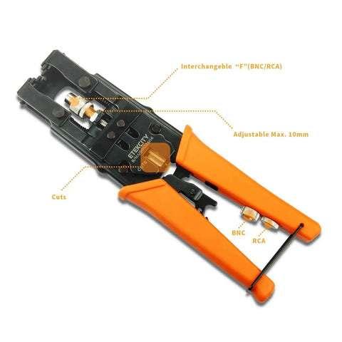 Coax Cable Crimping Tool Kit With 3 Adapters F BNC RCA Universal RG58 RG59 RG6 Cutter Heavy Duty Anti Rust Finish Adjustable Double Spring