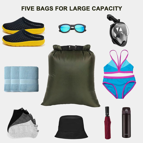 Ultralight 5 Pack Waterproof Dry Bags Set for Backpacking, with assorted travel items; shoes, goggles, towel, and more