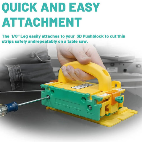Two Piece 1/8 Inch Thin Rip Push Block Table Saw Safety Jig with mounting hardware attached for easy gripping and cutting.