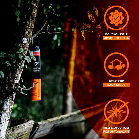Mosquito Pro Tech 1 Acre Pack Four Tubes Outdoor Mosquito Repellent hanging on tree branch in yard setting, natural insect killer.