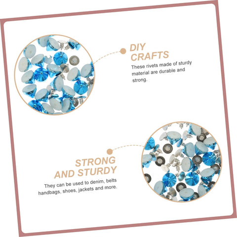 DIY rivet studs set with blue rhinestone discs and metal backs for crafts.