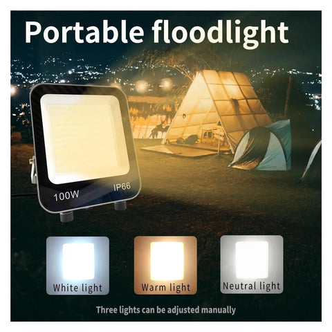 JUDYSSY New Led Floodlight Three-Color Light Adjustable Brightness Spotlight Portable Detachable Wire IP 66 Waterproof Lamp for Court,Garden,Warehouse,Changeable100W，Ch，Changeable-100W in outdoor setting with tents.
