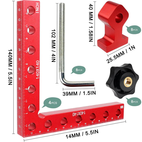 4 Pack 5.5 Inch 90 Degree Corner Clamps For Woodworking with red aluminum L square and steel hardware for heavy duty use.