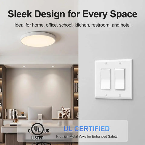 Two Single Pole Rocker Switches With 2 Gang Decora Wall Plate Set, Easy Install Kit With Screws, Fits Standard Electrical Boxes, UL And CUL Certified For Safety, Dope Home Upgrade For Quick, Clean, Modern Switch Panel on white wall