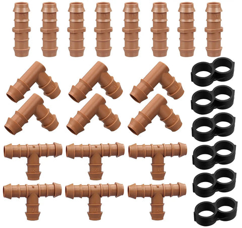 Durable 26 Piece Irrigation Fittings Kit For One Half Inch Tubing With Eight Couplings Six Tees Six Elbows Six End Cap Plugs
