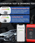 BT506 Car Battery Tester With Adaptive Conductance For 6V And 12V Batteries, Reads 100-2000CCA And Tests Flooded, AGM, AGM Spiral, EFB And GEL Packs, Plug-And-Play Go-To Tool For CCA, CA, SAE, EN, IEC, DIN Standards, Fast Accurate Diagnostics. red handheld tester beside phone, car, and test screen