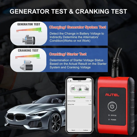 BT506 Car Battery Tester With Adaptive Conductance For 6V And 12V Batteries, Reads 100-2000CCA And Tests Flooded, AGM, AGM Spiral, EFB And GEL Packs, Plug-And-Play Go-To Tool For CCA, CA, SAE, EN, IEC, DIN Standards, Fast Accurate Diagnostics. red handheld tester beside phone, car, and test screen
