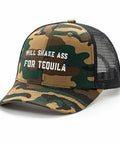 Funny Tequila Teaser Camouflage Trucker Hat For Men And Women with humorous text, front view, breathable mesh back