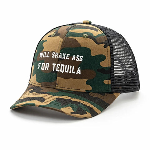 Funny Tequila Teaser Camouflage Trucker Hat For Men And Women with humorous text, front view, breathable mesh back