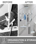 Stainless Steel Broom Holder Wall Mount Organizer With 5 Racks And 4 Hooks showing before and after organization
