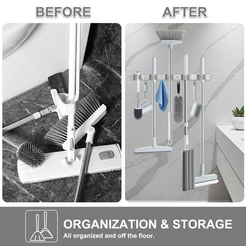 Stainless Steel Broom Holder Wall Mount Organizer With 5 Racks And 4 Hooks showing before and after organization