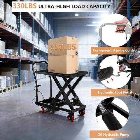 Heavy Duty Hydraulic Lift Table Cart Manual Scissor Platform No Sweat Foot Pump Operation Non Slip Pad Rock Solid Steel Frame Locking Caster Wheels Smooth Raises For Garage Shop Daily Grind