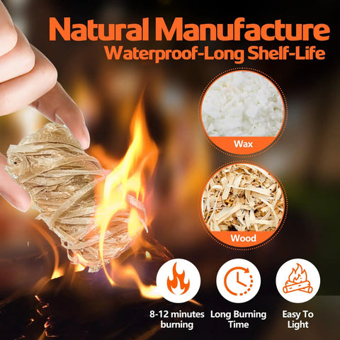 Hand lighting natural waterproof fire starter cube with wax and wood for camping and grills, showing burning flame.
