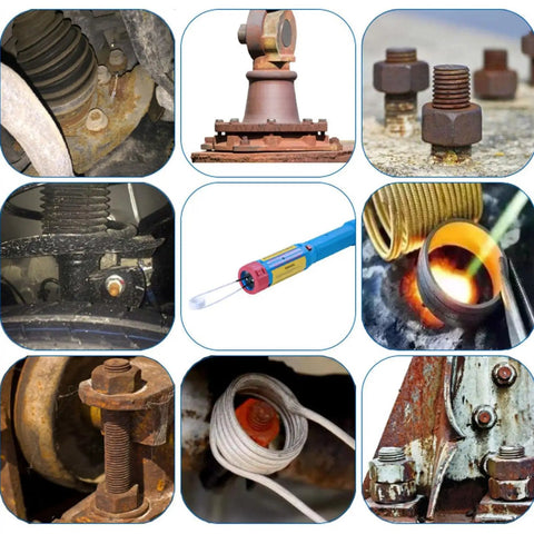 Image grid showing Handheld Electromagnetic Induction Heater 1000W Flameless Bolt Nut Bearing Extractor used on rusty parts and bolts.