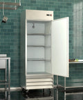 Heavy Duty Commercial Reach In Freezer 29 Inch Single Door Stainless Steel Cabinet With Digital Temp Control Auto Defrost and Adjustable Shelves open interior view.