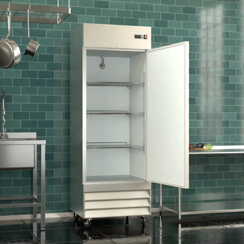 Heavy Duty Commercial Reach In Freezer 29 Inch Single Door Stainless Steel Cabinet With Digital Temp Control Auto Defrost and Adjustable Shelves open interior view.