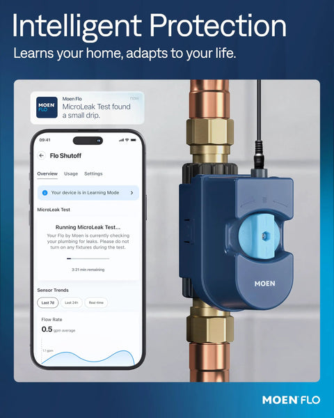 Flo Shutoff Automatic Water Leak Detector And Main Line Shutoff For One Inch Pipes, Whole Home Leak Monitoring, Around The Clock Flow Pressure And Temperature Sensing, Auto Shutoff To Stop Leaks Early; phone app and inline valve